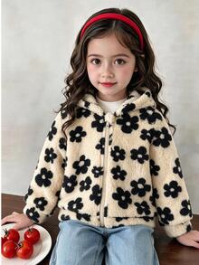 SHEIN Girls' Autumn/Winter Casual Baby White Leopard Print Plush Zip-Up Hooded Cardigan Jacket Fall Style - Khaki - View 8