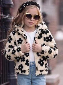SHEIN Girls' Autumn/Winter Casual Baby White Leopard Print Plush Zip-Up Hooded Cardigan Jacket Fall Style - Khaki - View 4