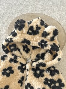 SHEIN Girls' Autumn/Winter Casual Baby White Leopard Print Plush Zip-Up Hooded Cardigan Jacket Fall Style - Khaki - View 5