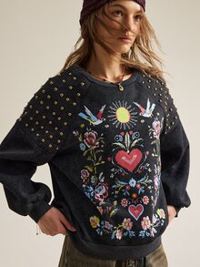 SHEIN Sweatshirt Lengan Panjang Wanita Elegan untuk Liburan Kasual dengan Motif Rivet - Putih - View 4