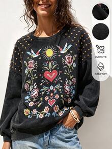 SHEIN Sweatshirt Lengan Panjang Wanita Elegan untuk Liburan Kasual dengan Motif Rivet - Putih - View 2