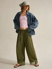 SHEIN Women's Elegant Lace Patchwork Curved Leg Design Long Pants - Army Green - View 4