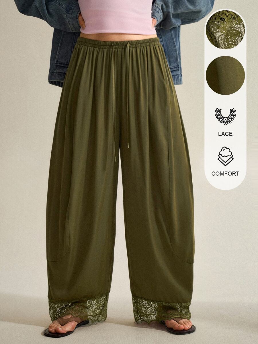 SHEIN Women's Elegant Lace Patchwork Curved Leg Design Long Pants - Army Green - View 1