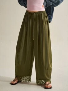 SHEIN Women's Elegant Lace Patchwork Curved Leg Design Long Pants - Army Green - View 6