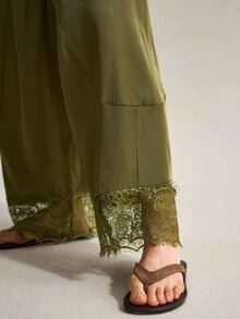 SHEIN Women's Elegant Lace Patchwork Curved Leg Design Long Pants - Army Green - View 7