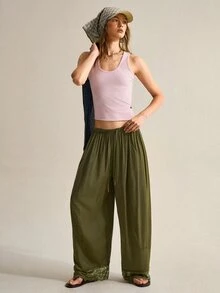 SHEIN Women's Elegant Lace Patchwork Curved Leg Design Long Pants - Army Green - View 3