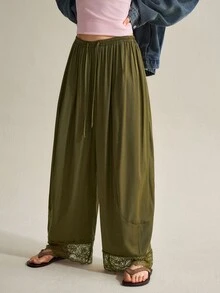 SHEIN Women's Elegant Lace Patchwork Curved Leg Design Long Pants - Army Green - View 5