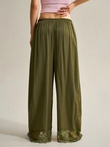 SHEIN Women's Elegant Lace Patchwork Curved Leg Design Long Pants - Army Green - View 2