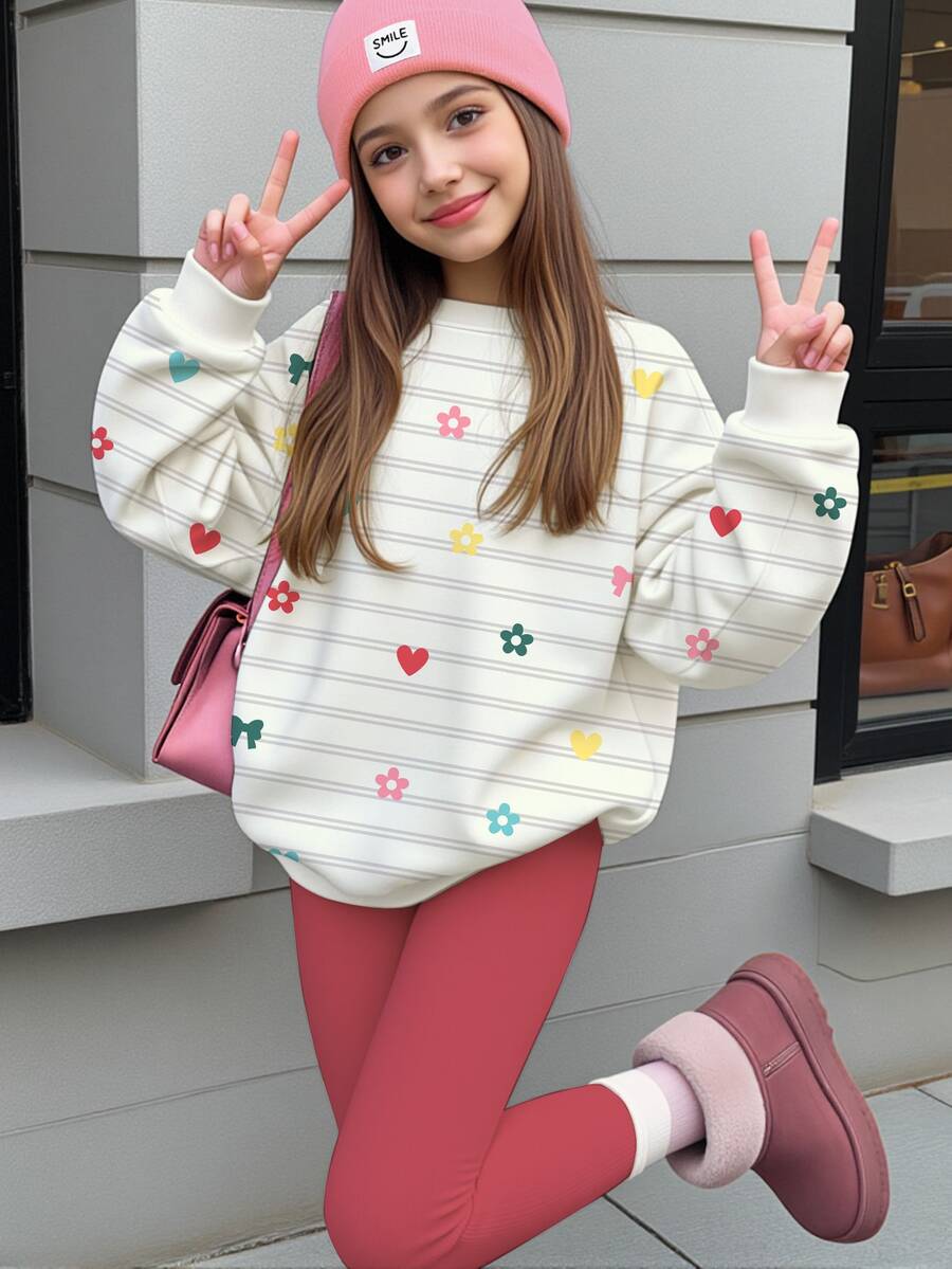 Tween女孩休閒簡約條紋波點蝴蝶結花朵愛心印花奶油風圓領落肩衛衣與修身內搭褲2件套,日常穿著舒適秋冬款,秋季新品返校穿搭 - 彩色 - 查看 1