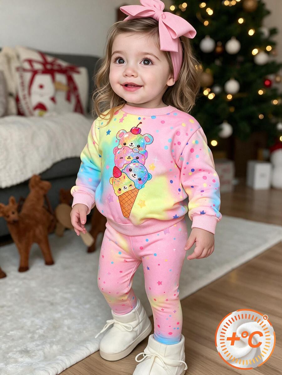 2件組幼童女童甜美可愛卡通疊加熊冰淇淋圖案彩色星星波點漸層紮染圓領長袖加厚保暖內裡套頭運動衫與內搭褲套裝,適合秋冬日常穿著 - 彩色 - 查看 1