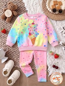 2件組幼童女童甜美可愛卡通疊加熊冰淇淋圖案彩色星星圓點漸層紮染圓領長袖加厚抓絨內裡套頭運動衫與內搭褲套裝，適合秋冬日常穿著 - 彩色 - 查看 4