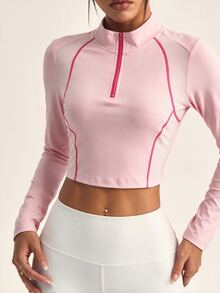 StreetHx Mesh Long Sleeve Half-Zip Cropped Sports Sweatshirt - Pink - View 2