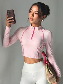 StreetHx Mesh Long Sleeve Half-Zip Cropped Sports Sweatshirt - Pink - View 1