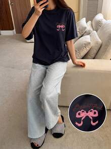 DAZY 2pcs Bow Pattern Loose Short Sleeve T-Shirt & Straight Leg Striped Pajama Pants Summer Outfit Women's Sleepwear Set Fall - Multicolor - View 5