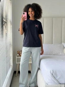 DAZY 2pcs Bow Pattern Loose Short Sleeve T-Shirt & Straight Leg Striped Pajama Pants Summer Outfit Women's Sleepwear Set Fall - Multicolor - View 10