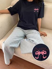 DAZY 2pcs Bow Pattern Loose Short Sleeve T-Shirt & Straight Leg Striped Pajama Pants Summer Outfit Women's Sleepwear Set Fall - Multicolor - View 4