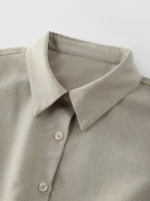 LUMIGAL Gaun Kemeja Kasual Wanita Lengan Panjang Warna Polos dengan Kancing Setengah Plaket dan Saku - Grey - View 5