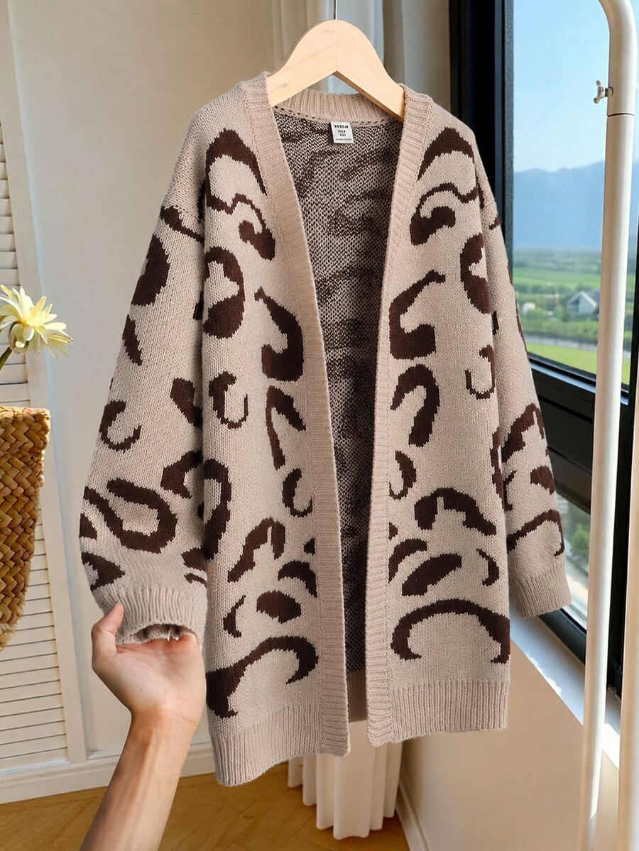 SHEIN Cardigan Rajut Jacquard Nyaman untuk Anak Perempuan Remaja, Sweater Lembut dengan Desain Terbuka di Depan dan Motif Abstrak, Gaya Kasual Chic untuk Balita Perempuan & Laki-laki, Lembut dan Nyaman - MultiWarna - View 1