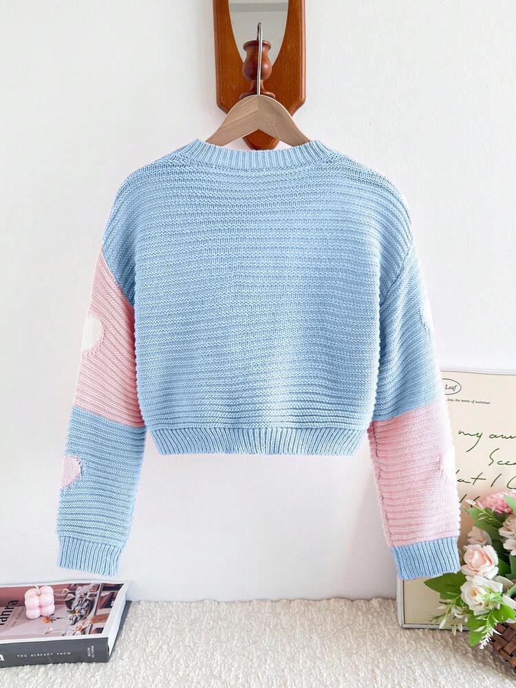 SHEIN Girls Pastel Heart Print Knit Sweater, Soft Cozy Ribbed Pullover, Cute Casual Long Sleeve Top For Tween Girl And Toddlers, Soft Comfortable - Multicolor - View 3