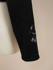 ROMWE Vintage Forest Mushroom Fairycore Pattern Embroidered Loose Fit Versatile Plus Size Knit Cardigan - Black - View 5