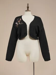 ROMWE Vintage Forest Mushroom Fairycore Pattern Embroidered Loose Fit Versatile Plus Size Knit Cardigan - Black - View 1