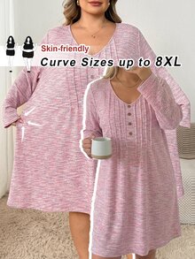 SHEIN CURVE+ Gaun Kasual Musim Panas Wanita Ukuran Besar Warna Polos - Berwarna merah muda - View 10