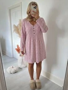 SHEIN CURVE+ Gaun Kasual Musim Panas Wanita Ukuran Besar Warna Polos - Berwarna merah muda - View 3