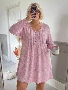 SHEIN CURVE+ Gaun Kasual Musim Panas Wanita Ukuran Besar Warna Polos - Berwarna merah muda - View 6