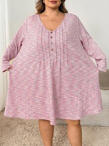 SHEIN CURVE+ Gaun Kasual Musim Panas Wanita Ukuran Besar Warna Polos - Berwarna merah muda - View 8