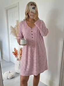 SHEIN CURVE+ Gaun Kasual Musim Panas Wanita Ukuran Besar Warna Polos - Berwarna merah muda - View 4