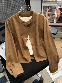 SHEIN 女款駱駝色仿麂皮短版夾克圓領斜排金屬鈕扣長袖口袋休閒短外套 - 棕色 - 查看 4