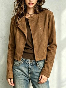 SHEIN 女款駱駝色仿麂皮短版夾克圓領斜排金屬鈕扣長袖口袋休閒短外套 - 棕色 - 查看 6