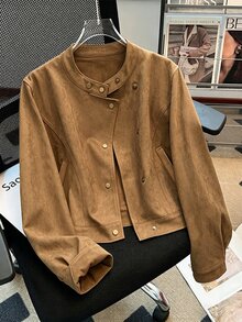 SHEIN 女款駱駝色仿麂皮短版夾克圓領斜排金屬鈕扣長袖口袋休閒短外套 - 棕色 - 查看 8