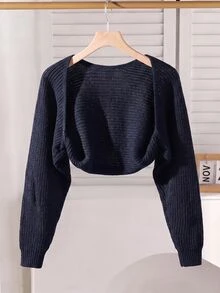 SHEIN 女童舒適針織短版開襟外套，柔軟紋理短版長袖披肩，輕便休閒疊穿毛衣，適合兒童與青少年，秋冬款 - 黑色 - 查看 2