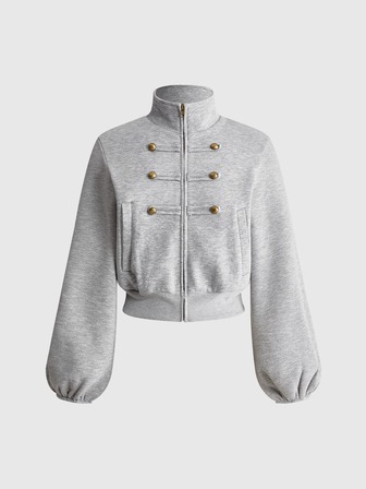 Y2K Napoleon Style Bronze Metal Buckle Grey Cropped Women's Sweatshirt