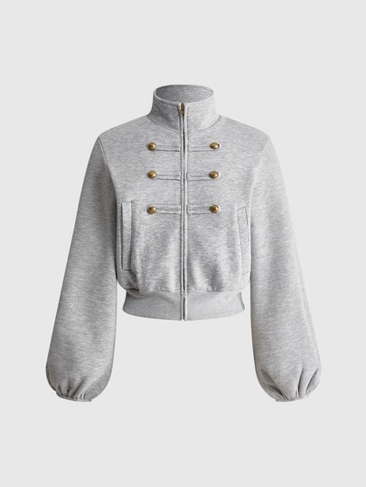 Sudadera corta para mujer estilo Y2K Napoleón con hebilla de metal bronce color gris
