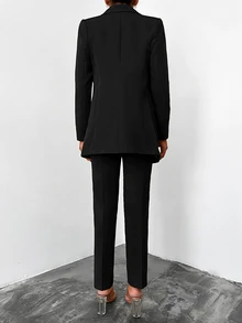 SHEIN Plus Size Solid Black Color Front Button Detailed Double Breasted Blazer & Pants Suit Set - Black - View 5