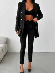SHEIN Plus Size Solid Black Color Front Button Detailed Double Breasted Blazer & Pants Suit Set - Black - View 3