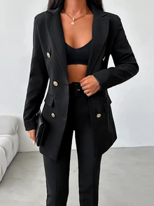 SHEIN Plus Size Solid Black Color Front Button Detailed Double Breasted Blazer & Pants Suit Set - Black - View 2