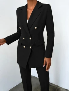 SHEIN Plus Size Solid Black Color Front Button Detailed Double Breasted Blazer & Pants Suit Set - Black - View 4