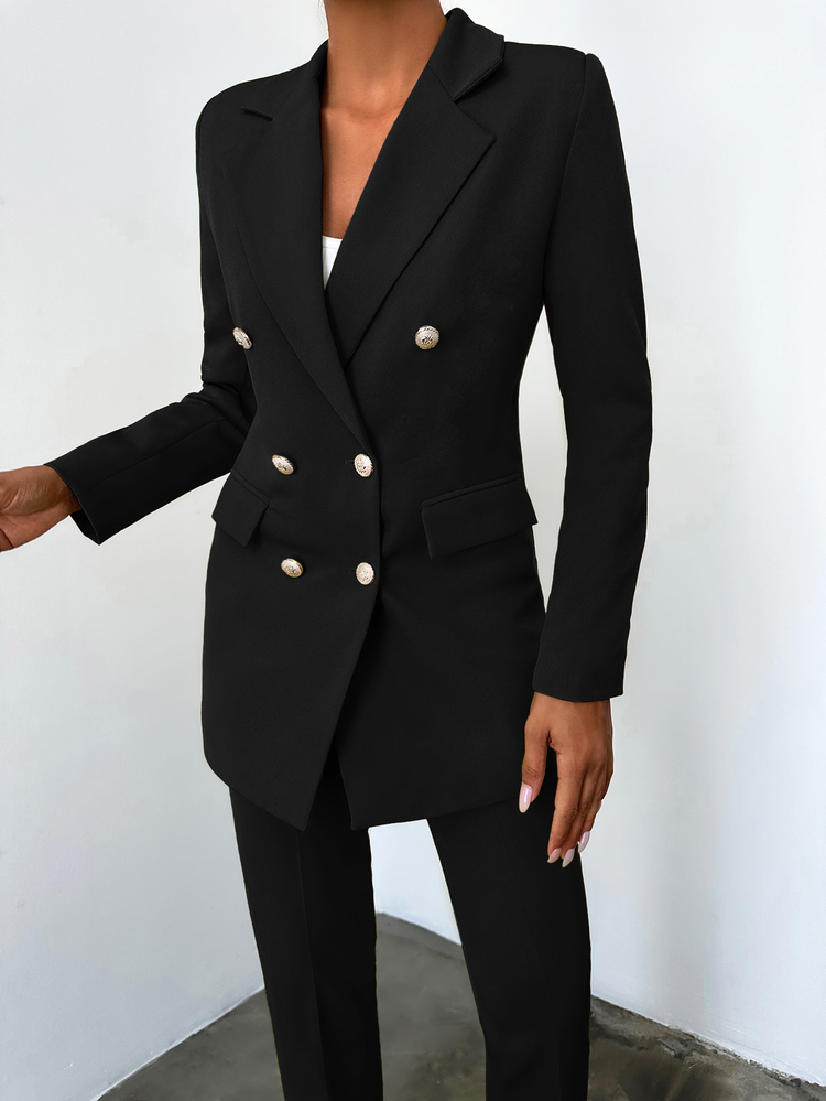 SHEIN Plus Size Solid Black Color Front Button Detailed Double Breasted Blazer & Pants Suit Set - Black - View 4