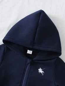 SHEIN 女嬰秋冬款柔軟舒適可愛刺繡海軍藍保暖內裡長袖連帽衛衣與長褲2件套 - 藏蓝色 - 查看 6