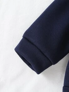 SHEIN 女嬰秋冬款柔軟舒適可愛刺繡海軍藍保暖內裡長袖連帽衛衣與長褲2件套 - 藏蓝色 - 查看 7