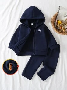 SHEIN 女嬰秋冬款柔軟舒適可愛刺繡海軍藍保暖內裡長袖連帽衛衣與長褲2件套 - 藏蓝色 - 查看 1