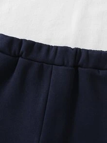 SHEIN 女嬰秋冬款柔軟舒適可愛刺繡海軍藍保暖內裡長袖連帽衛衣與長褲2件套 - 藏蓝色 - 查看 5