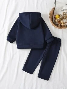 SHEIN 女嬰秋冬款柔軟舒適可愛刺繡海軍藍保暖內裡長袖連帽衛衣與長褲2件套 - 藏蓝色 - 查看 2