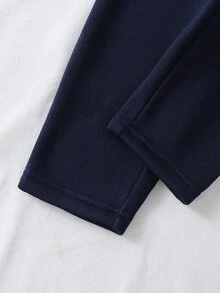 SHEIN 女嬰秋冬款柔軟舒適可愛刺繡海軍藍保暖內裡長袖連帽衛衣與長褲2件套 - 藏蓝色 - 查看 3