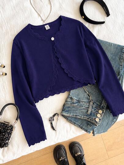 SHEIN Elladie kids Girls Soft Knit Cropped Cardigan Sweater, Scalloped Trim, Lightweight Cozy Feel, Cute Button Front, Casual Sweet Style For Kids, Soft Comfortable