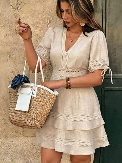 SHEIN LUNE CURVE Plus Size Women's French Elegant Boho Dress, Lace Trim Design + Elastic Cuff + Double Layer Ruffle Hem, Vacation Wedding Guest Beige Summer