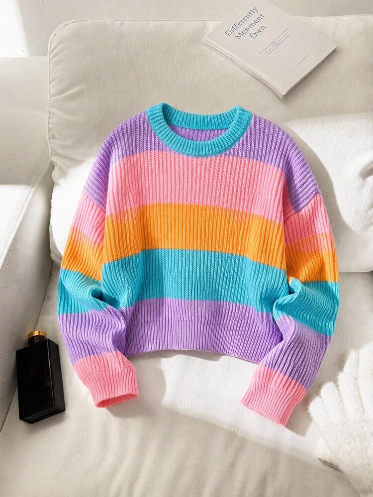 SHEIN Girls Rainbow Stripe Ribbed Knit Sweater, Soft Cozy Crewneck Pullover, Colorblock Long Sleeve Casual Top For Tween Girl & Teens, Soft Comfortable, Cozy Warm - Multicolor - View 2